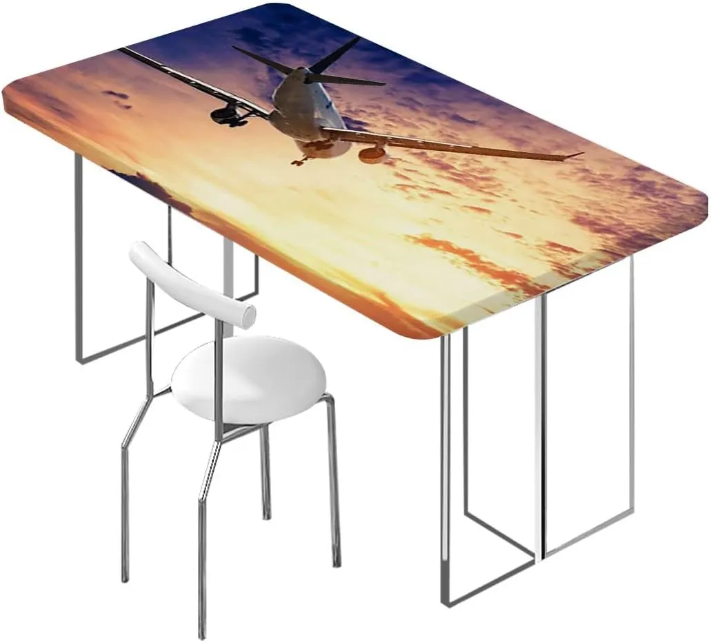 OOzie Golden Tablecloth Elastic Edge Fitted Airplane Jet Planes Aviation Sunset Elastic Fitted Tablecloth Waterproof Wipeable Aerial Scenery Fits up 5 Foot Tables