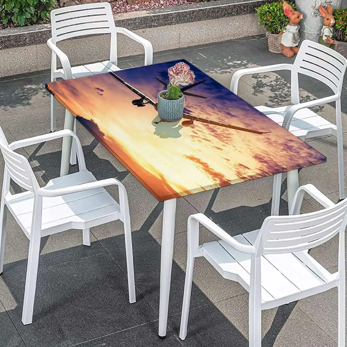 OOzie Golden Tablecloth Elastic Edge Fitted Airplane Jet Planes Aviation Sunset Elastic Fitted Tablecloth Waterproof Wipeable Aerial Scenery Fits up 5 Foot Tables