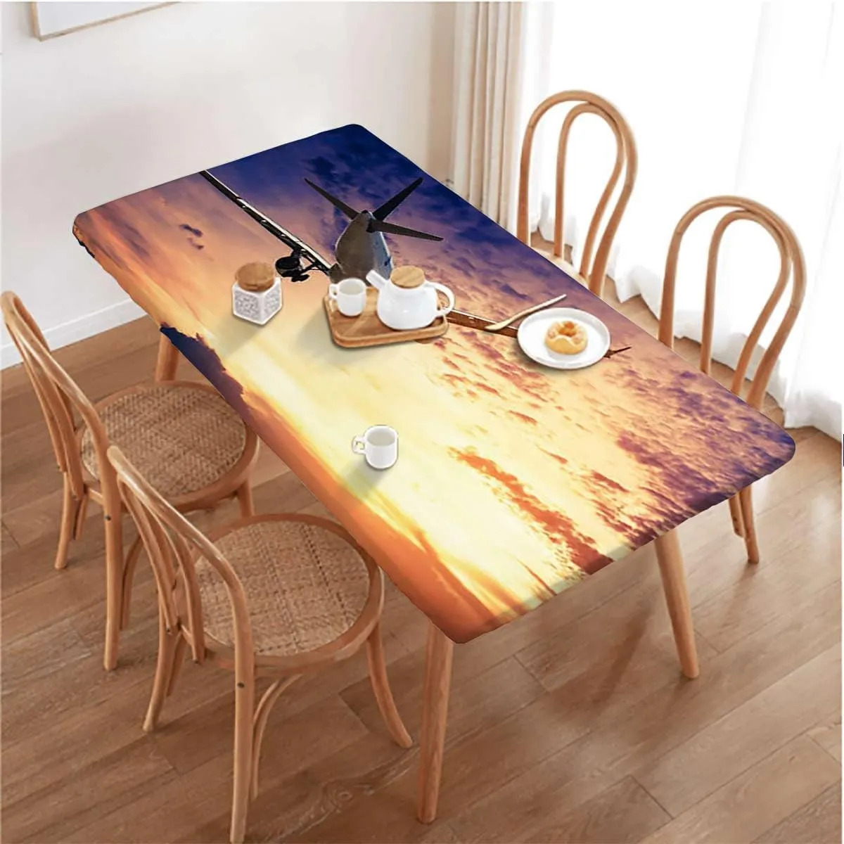 OOzie Golden Tablecloth Elastic Edge Fitted Airplane Jet Planes Aviation Sunset Elastic Fitted Tablecloth Waterproof Wipeable Aerial Scenery Fits up 5 Foot Tables