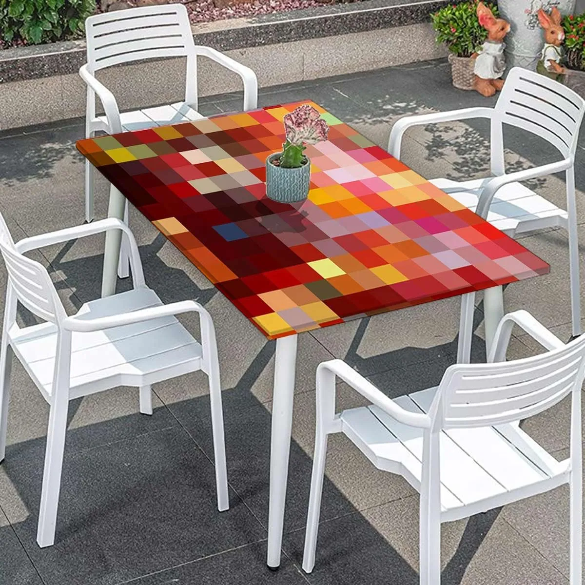 OOzie Multicolor Elastic Fitted Picnic Table Cover Colorful Mosaic Pattern Squares Water Resistant, Windproof Table Protector for Dining Room Table Abstract Fits up 4 Foot Tables
