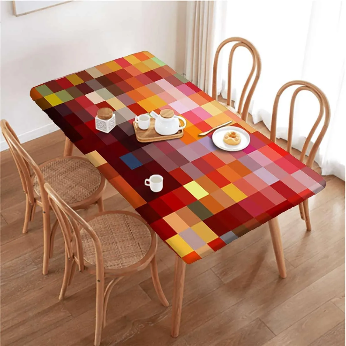 OOzie Multicolor Elastic Fitted Picnic Table Cover Colorful Mosaic Pattern Squares Water Resistant, Windproof Table Protector for Dining Room Table Abstract Fits up 4 Foot Tables