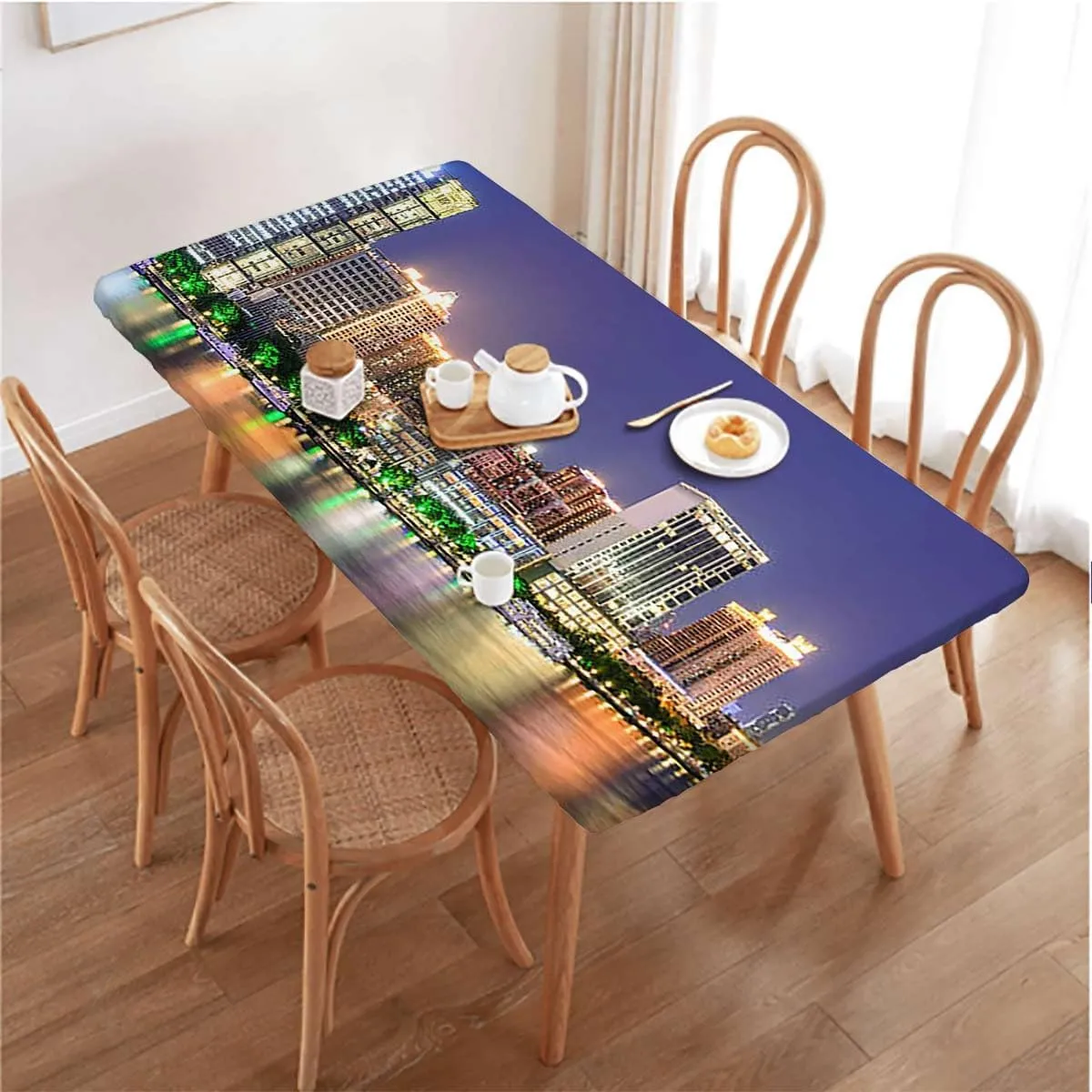 OOzie Navy Blue Tablecloth for Folding Table Colorful Skyline Boats Architecture Urban Polyester Fitted Waterproof Outdoor Tablecloth Protector with Elastic Apartment Fits up 5 Foot Tables
