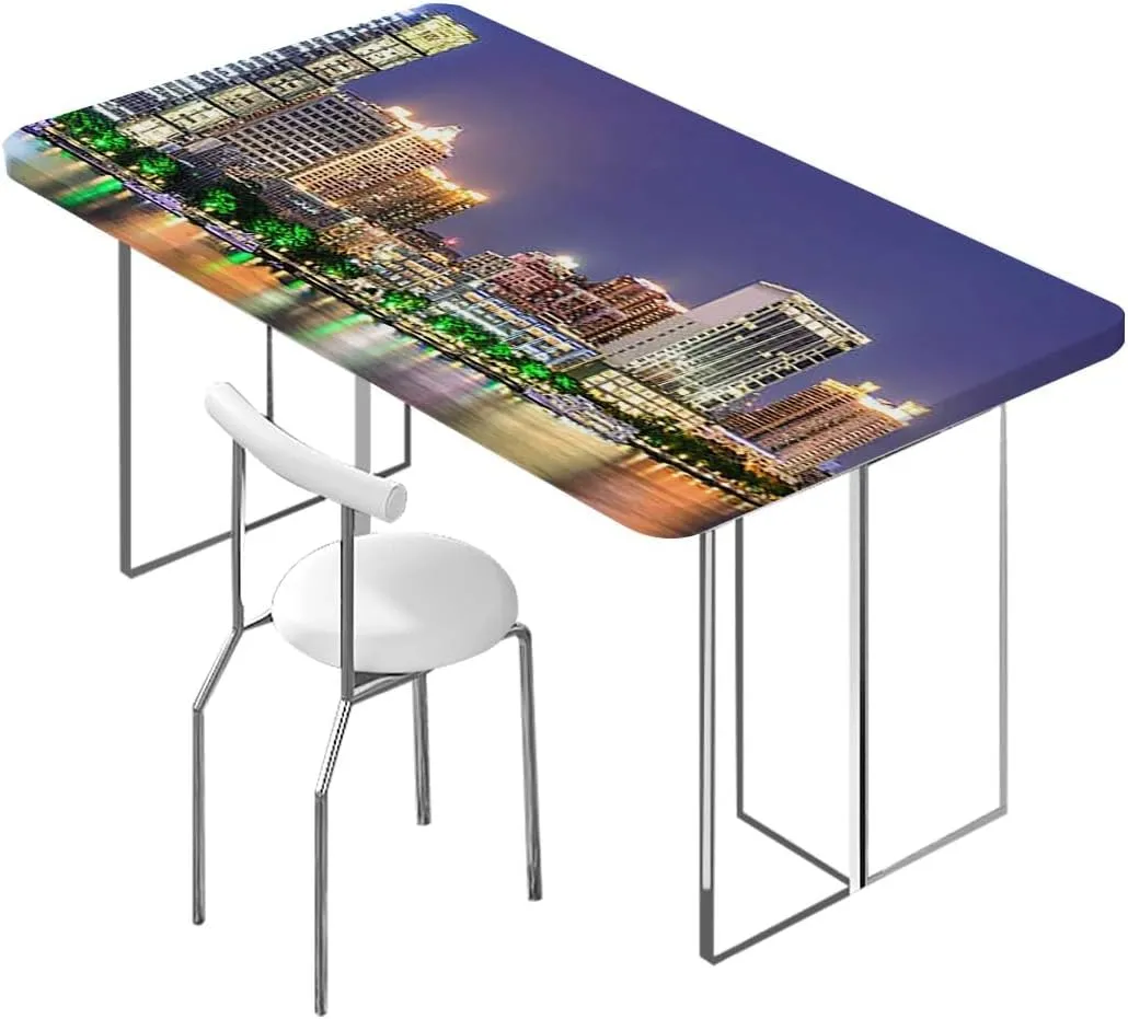 OOzie Navy Blue Tablecloth for Folding Table Colorful Skyline Boats Architecture Urban Polyester Fitted Waterproof Outdoor Tablecloth Protector with Elastic Apartment Fits up 5 Foot Tables