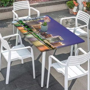 OOzie Navy Blue Tablecloth for Folding Table Colorful Skyline Boats Architecture Urban Polyester Fitted Waterproof Outdoor Tablecloth Protector with Elastic Apartment Fits up 5 Foot Tables