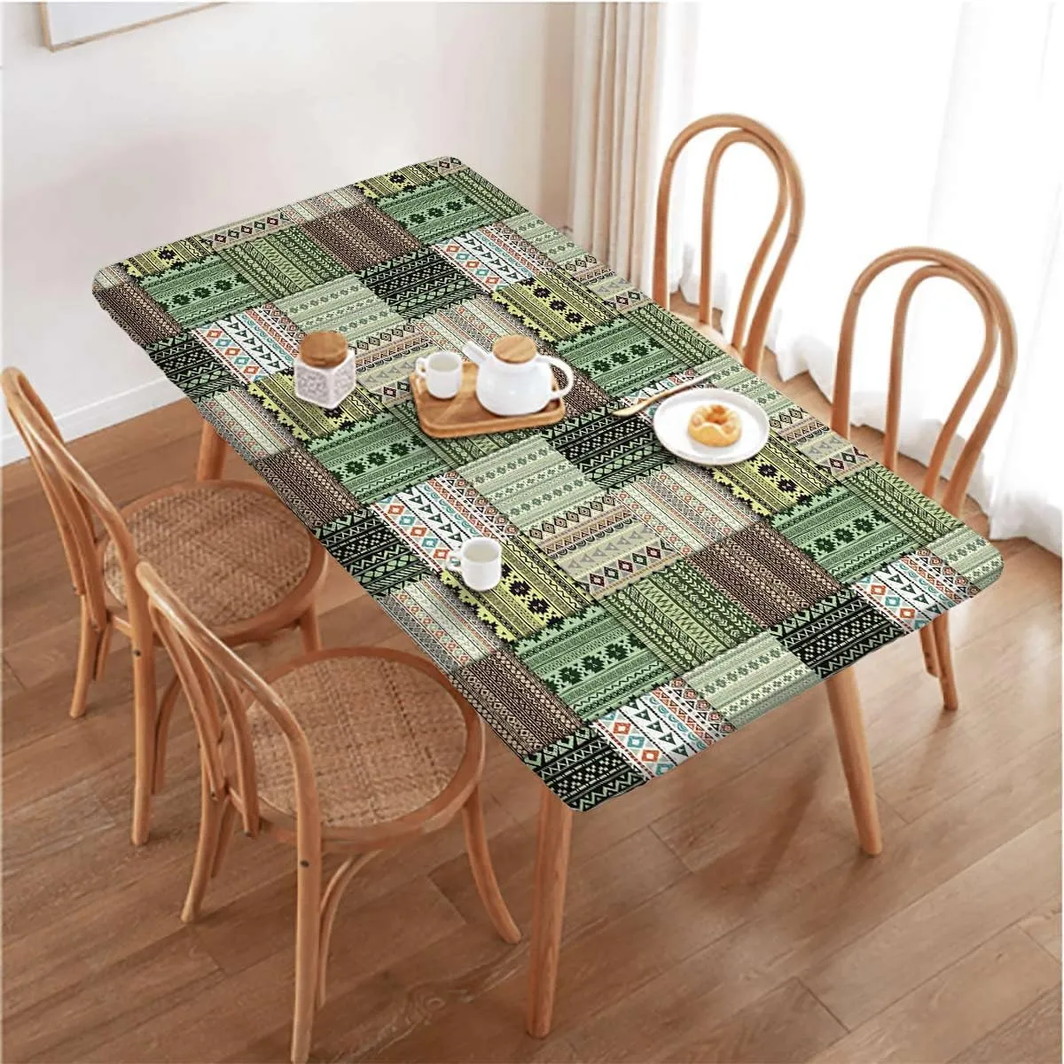 OOzie Red Green Black Fitted Tablecloth African Patchwork Style Pattern Waterproof Wipeable Table Cloth Protector,for 4 Foot Tables Greek Key