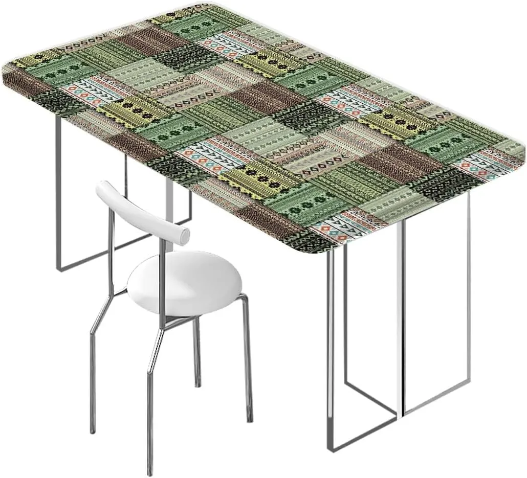 OOzie Red Green Black Fitted Tablecloth African Patchwork Style Pattern Waterproof Wipeable Table Cloth Protector,for 4 Foot Tables Greek Key