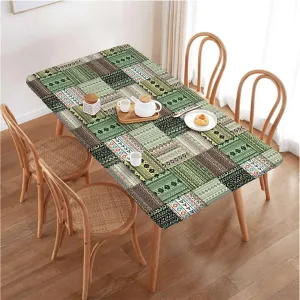 OOzie Red Green Black Fitted Tablecloth African Patchwork Style Pattern Waterproof Wipeable Table Cloth Protector,for 4 Foot Tables Greek Key