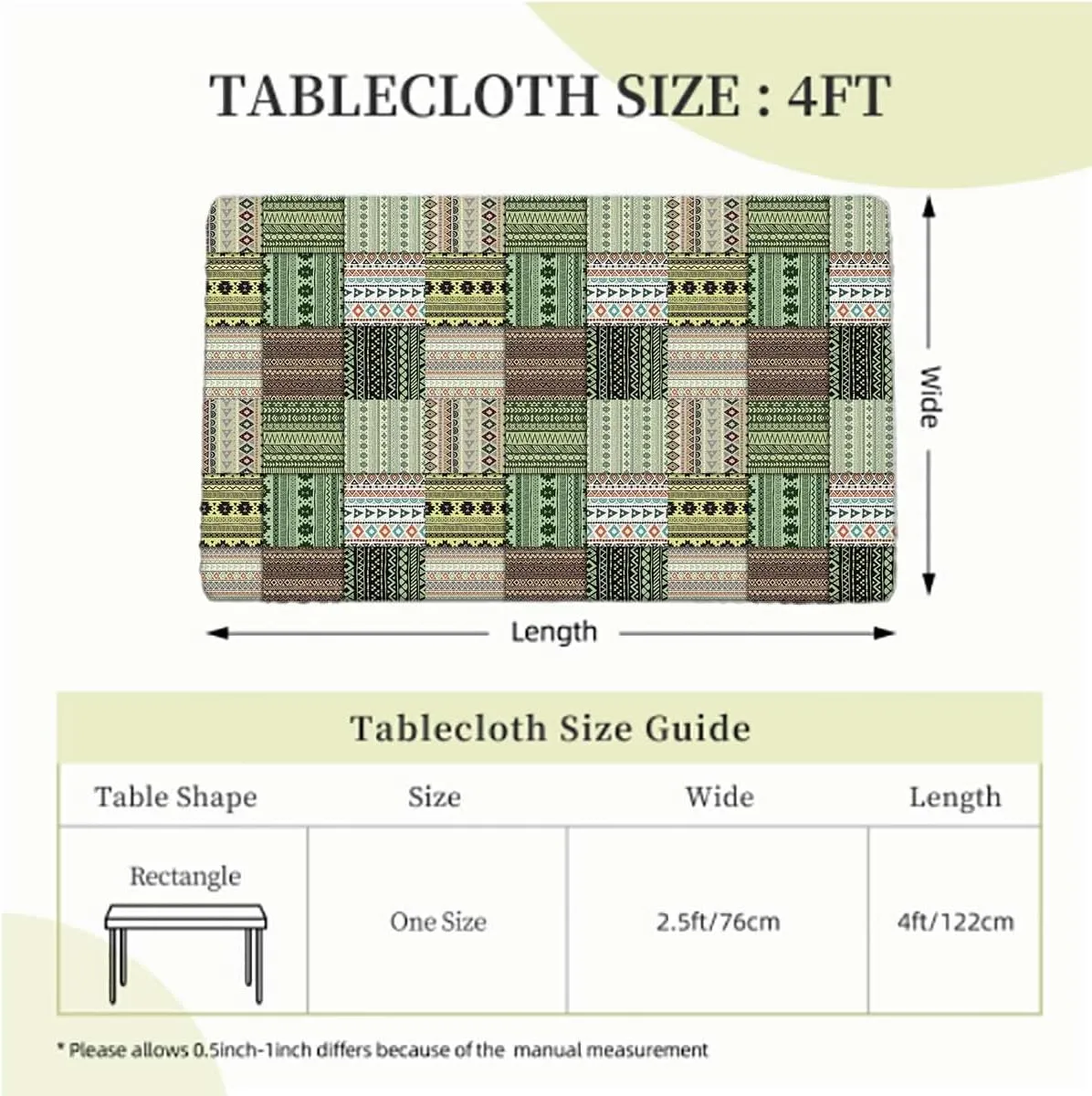 OOzie Red Green Black Fitted Tablecloth African Patchwork Style Pattern Waterproof Wipeable Table Cloth Protector,for 4 Foot Tables Greek Key
