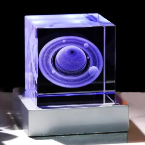 Ornalrist 3D Crystal Cube Engraved Saturn with LED Base, Astronomy Gifts for Women, Birthday Gifts for Boyfriend Men, Universe Space Home Office Table Decor