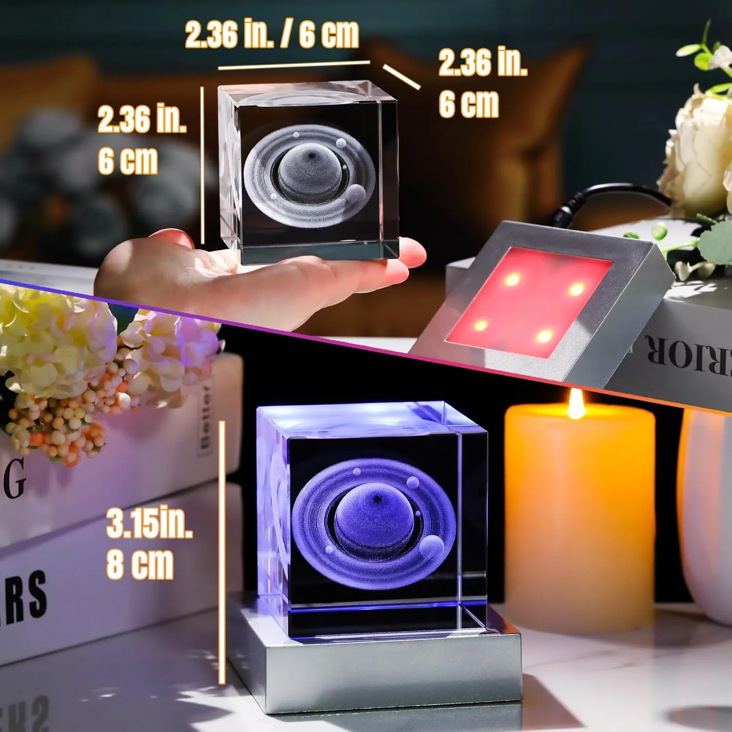 Ornalrist 3D Crystal Cube Engraved Saturn with LED Base, Astronomy Gifts for Women, Birthday Gifts for Boyfriend Men, Universe Space Home Office Table Decor