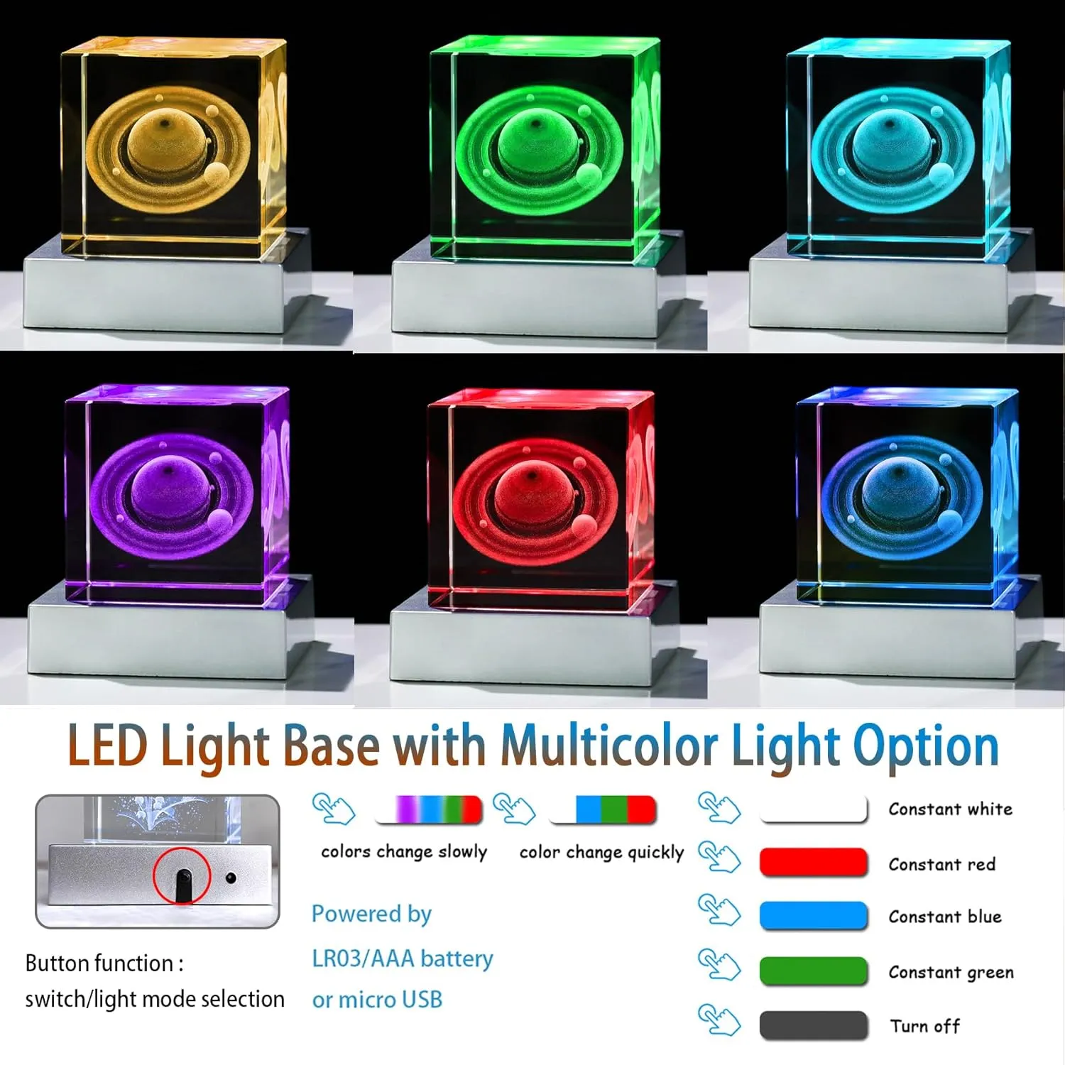 Ornalrist 3D Crystal Cube Engraved Saturn with LED Base, Astronomy Gifts for Women, Birthday Gifts for Boyfriend Men, Universe Space Home Office Table Decor