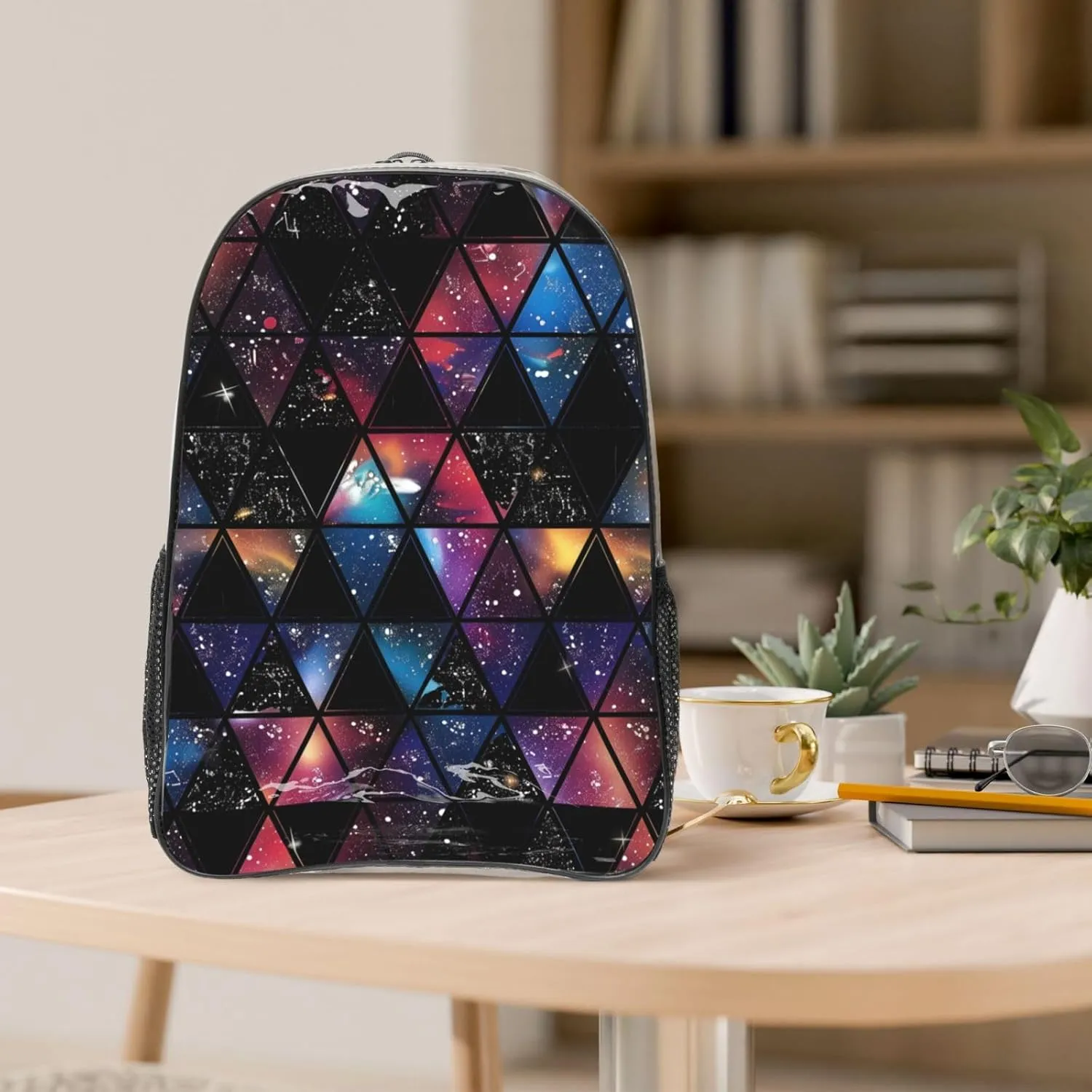 OSAM SPACE Triangles Galaxy Clear Backpack for Stadium Events Heavy Duty PVC Transparent Backpack See Through Bag Large Capacity Clear Backpacks for Women Men (16Inch)