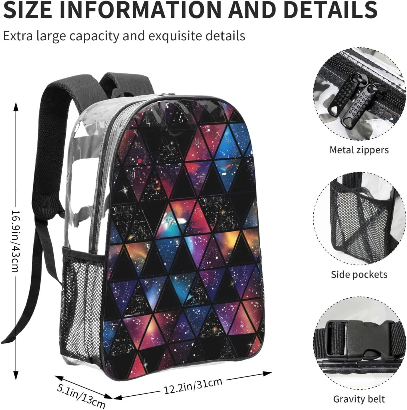 OSAM SPACE Triangles Galaxy Clear Backpack for Stadium Events Heavy Duty PVC Transparent Backpack See Through Bag Large Capacity Clear Backpacks for Women Men (16Inch)