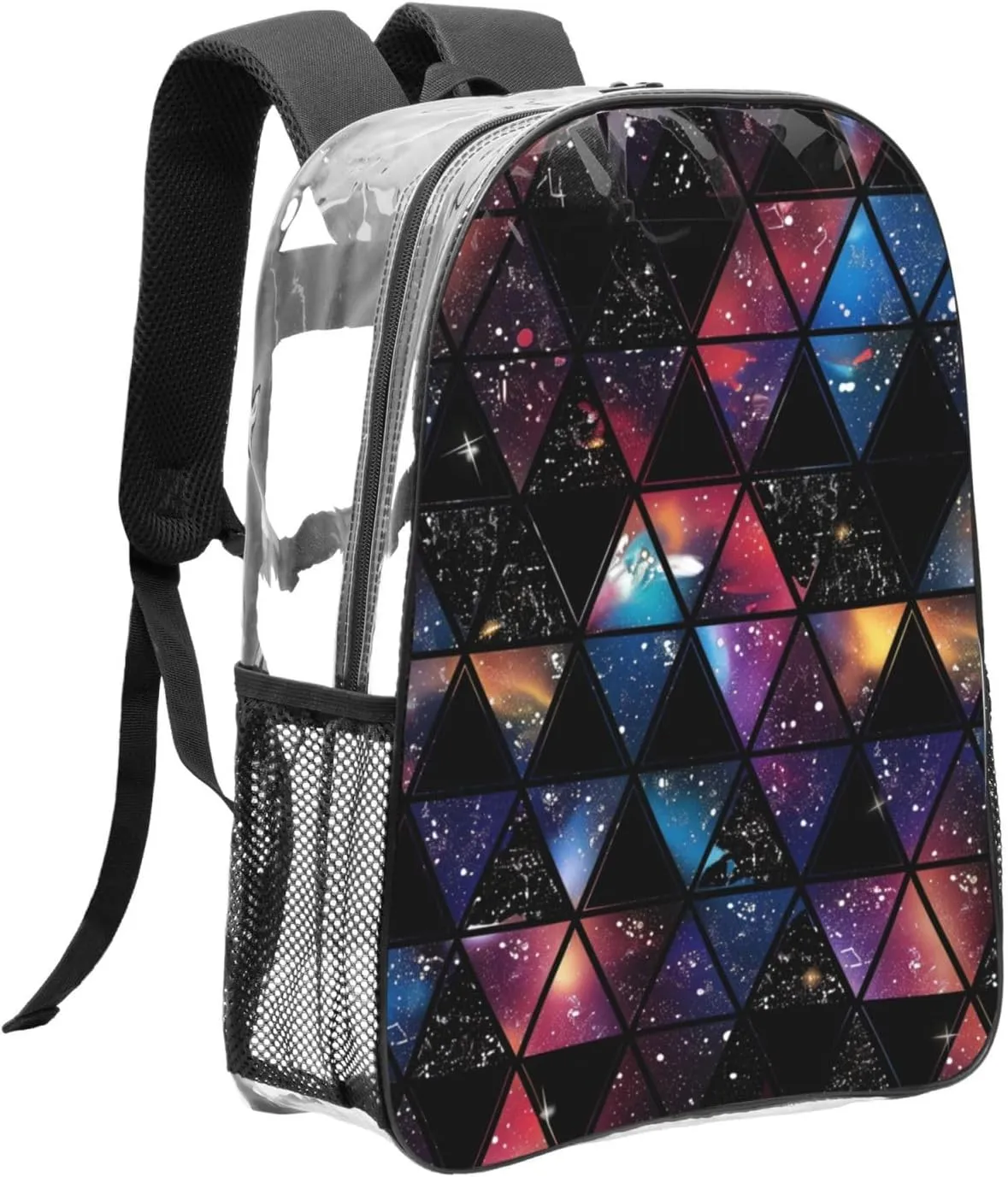 OSAM SPACE Triangles Galaxy Clear Backpack for Stadium Events Heavy Duty PVC Transparent Backpack See Through Bag Large Capacity Clear Backpacks for Women Men (16Inch)