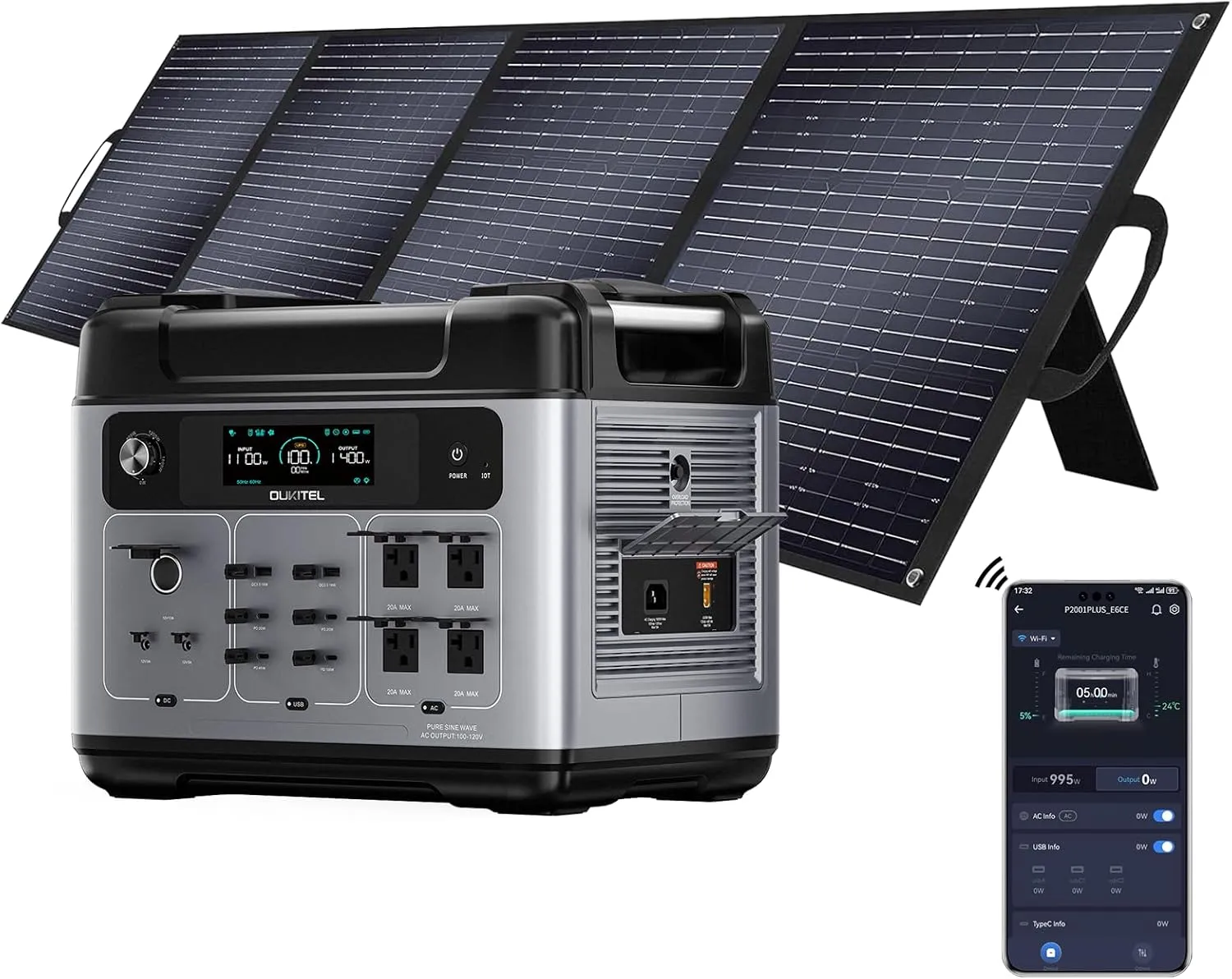 OUKITEL P2001 Plus 2400W Solar Generator with 200W Solar Panel, 2048Wh Solar power station, 1800W Fast Charging, Smart APP Control Emergency Power Station for Home, Camping, Outdoor Battery Backup