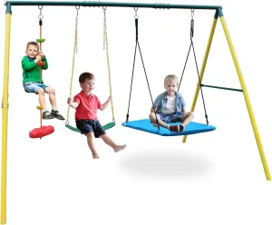 Outdoor 3-Station Playground Set, Metal Swing Sets for Backyard with Climbing Rope, 2 Swings, Heavy Duty Steel A-Frame Swing Stands for Park