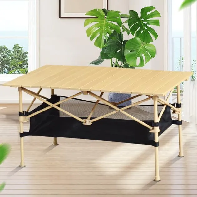 Outdoor Folding Aluminum Alloy Egg roll Table Portable Picnic Barbecue Camping Wood Grain Proof Lift Table (Apricot, (37.4-21.7-19.7) inches)