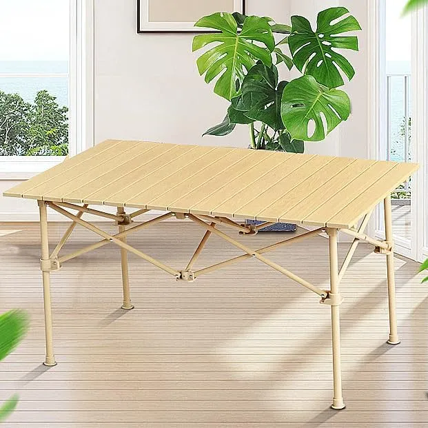 Outdoor Folding Aluminum Alloy Egg roll Table Portable Picnic Barbecue Camping Wood Grain Proof Lift Table (Apricot, (37.4-21.7-19.7) inches)