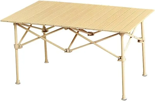 Outdoor Folding Aluminum Alloy Egg roll Table Portable Picnic Barbecue Camping Wood Grain Proof Lift Table (Apricot, (37.4-21.7-19.7) inches)