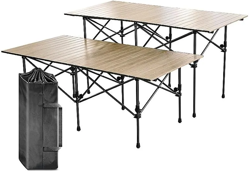 Outdoor Folding Aluminum Alloy Egg roll Table Portable Picnic Barbecue Camping Wood Grain Proof Lift Table (Apricot, (37.4-21.7-19.7) inches)