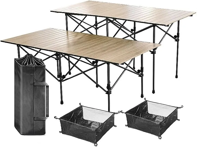 Outdoor Folding Aluminum Alloy Egg roll Table Portable Picnic Barbecue Camping Wood Grain Proof Lift Table (Apricot(Net Bag), (37.4-21.7-19.7) inches)