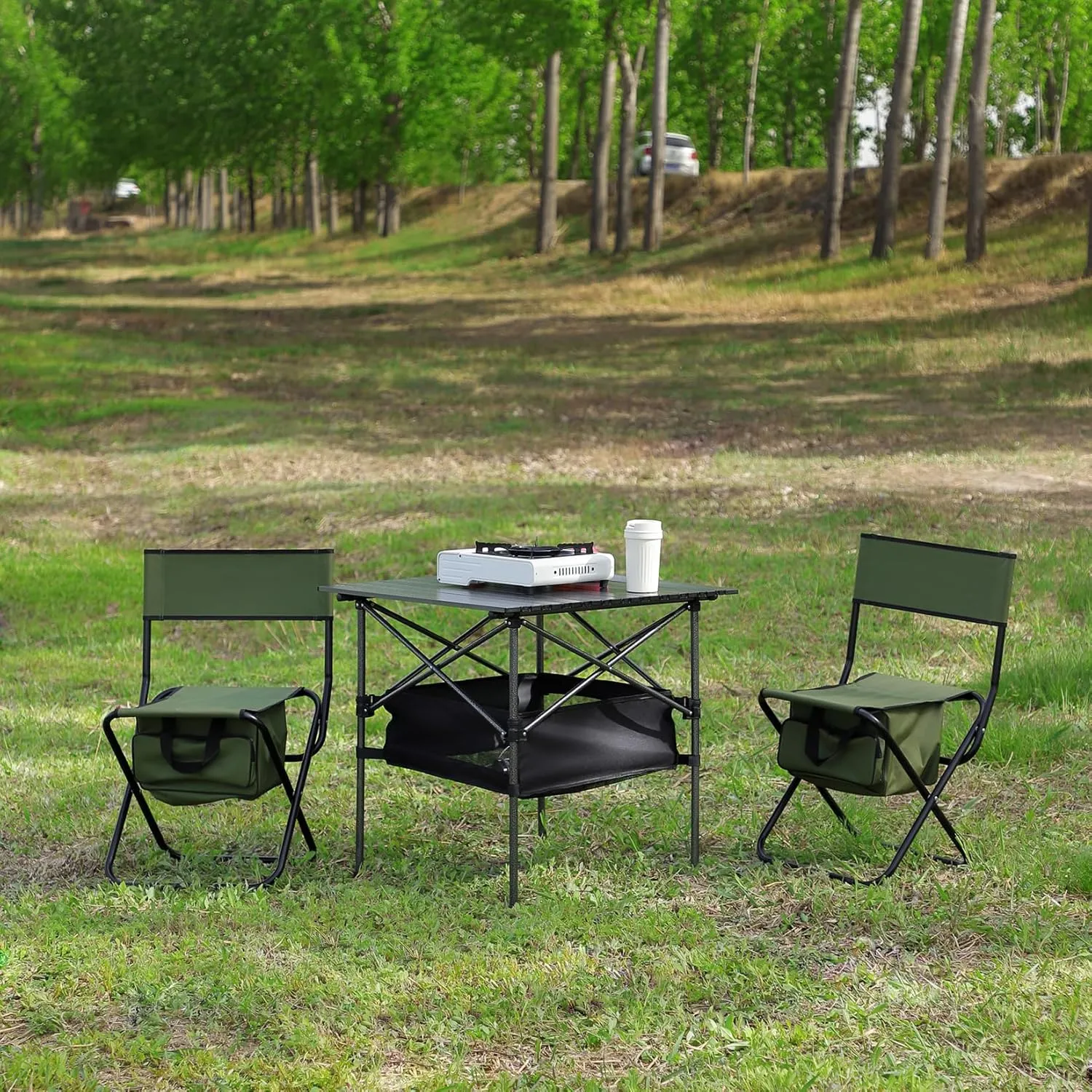Outdoor Folding Camping Table and Chairs Set of 3, Lightweight Aluminum Roll-up Square Folding Table and 2 Camping Chairs for Indoor Outdoor Camping Picnics Beach Backyard BBQ Party Patio, Green