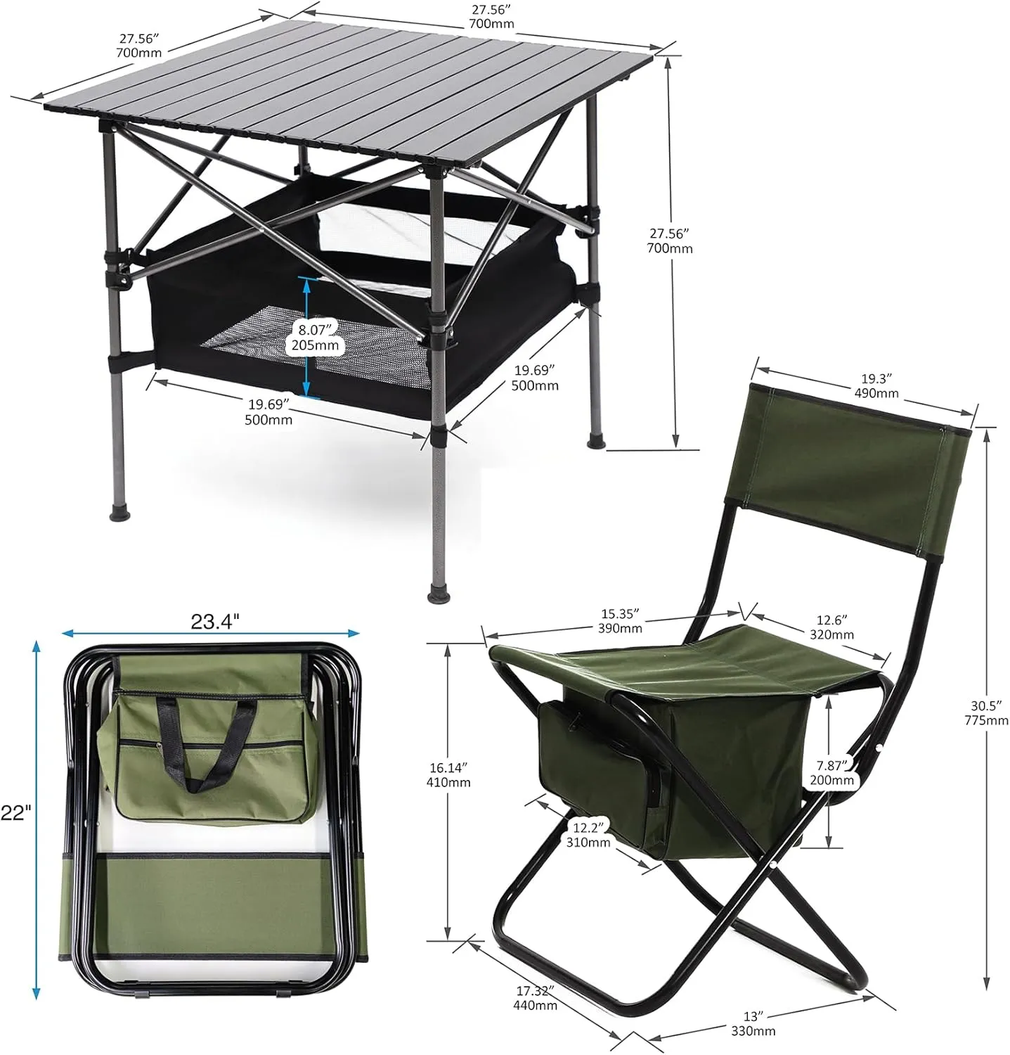 Outdoor Folding Camping Table and Chairs Set of 3, Lightweight Aluminum Roll-up Square Folding Table and 2 Camping Chairs for Indoor Outdoor Camping Picnics Beach Backyard BBQ Party Patio, Green