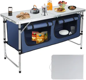 Outdoor Folding Camping Table with Storage Organizer, Portable Aluminum Composite Panel Lightweight Table, 3 Adjustable Height, for Indoor, BBQ, Party, Picnic, Hiking, Blue