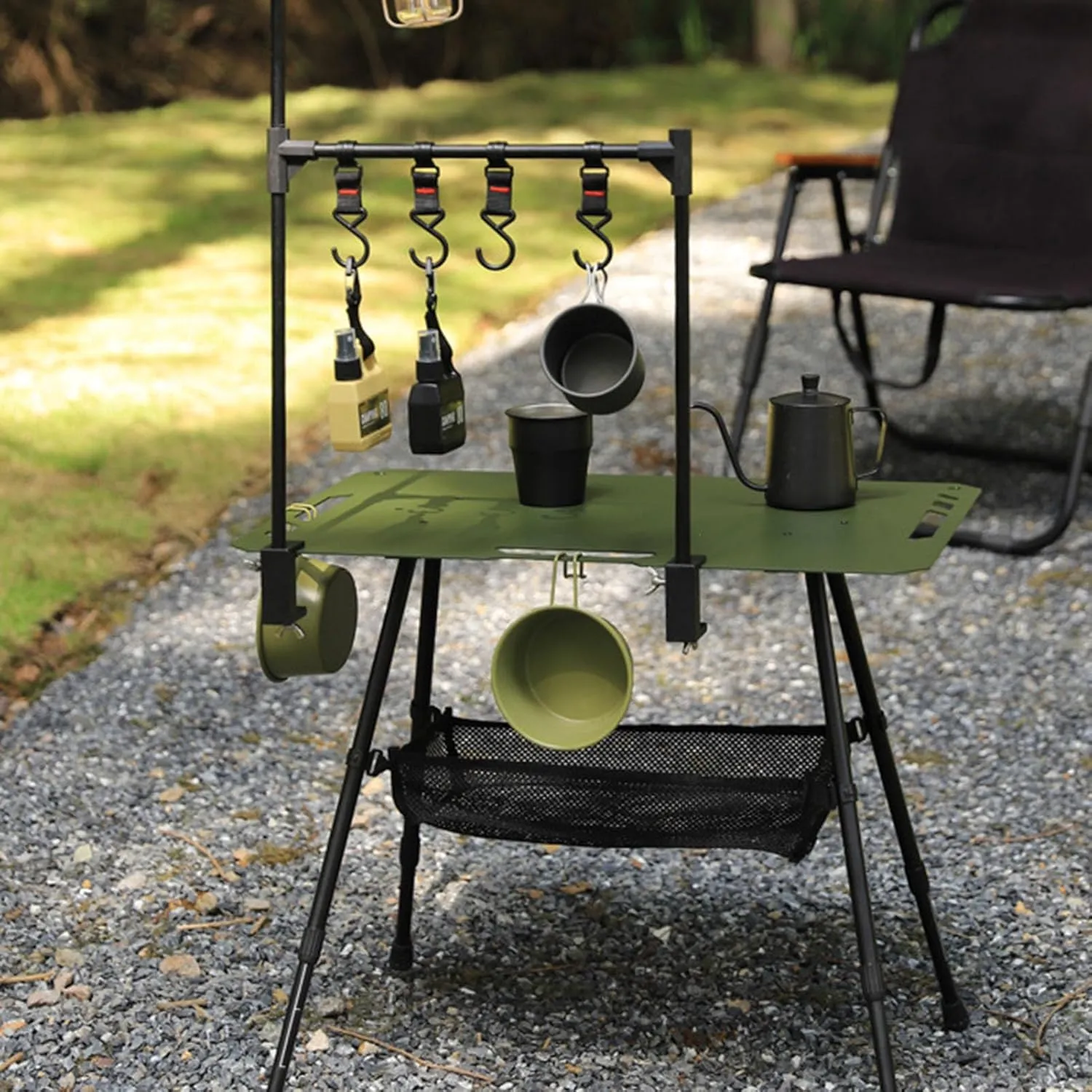 Outdoor Folding Portable Picnic Camping Table, Height Adjustable Side Table Foldable Portable Picnic Table, Lightweight Camping Gear ins Picnic Coffee Table Table with Light Stand (Green)