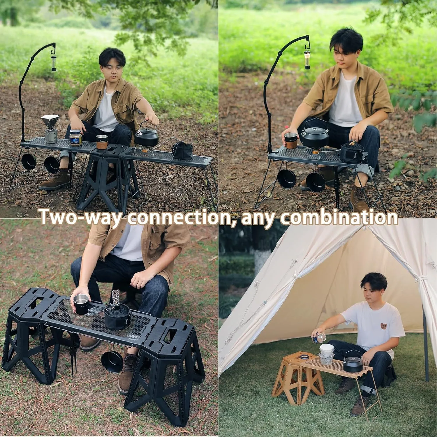 Outdoor Folding Stool, Multifunctional Folding Table Grid Table Stool Side Hanging Table Portable Iron Storage Rack for Camping Fishing BBQ(Army Green,Stool)