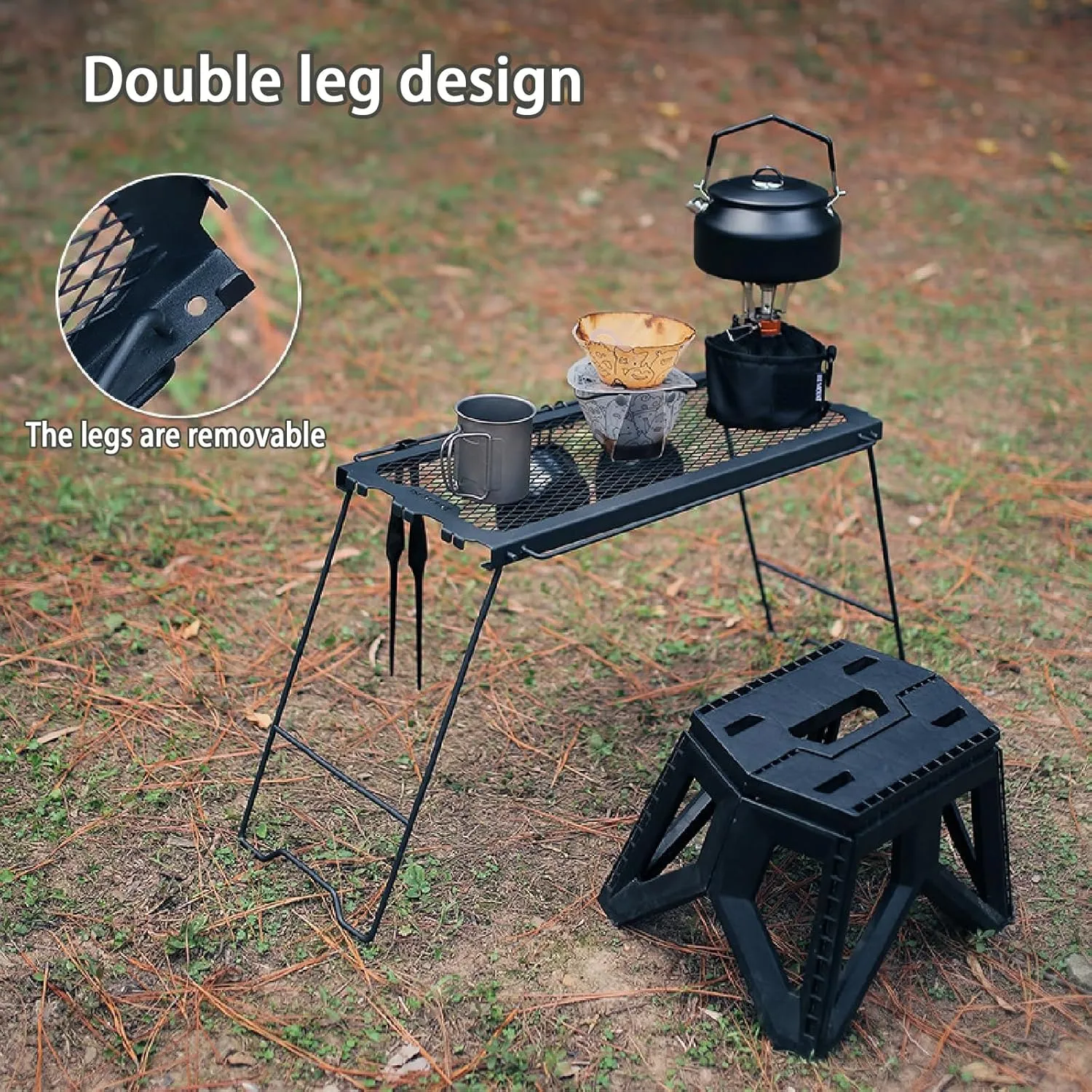Outdoor Folding Stool, Multifunctional Folding Table Grid Table Stool Side Hanging Table Portable Iron Storage Rack for Camping Fishing BBQ(Army Green,Stool)