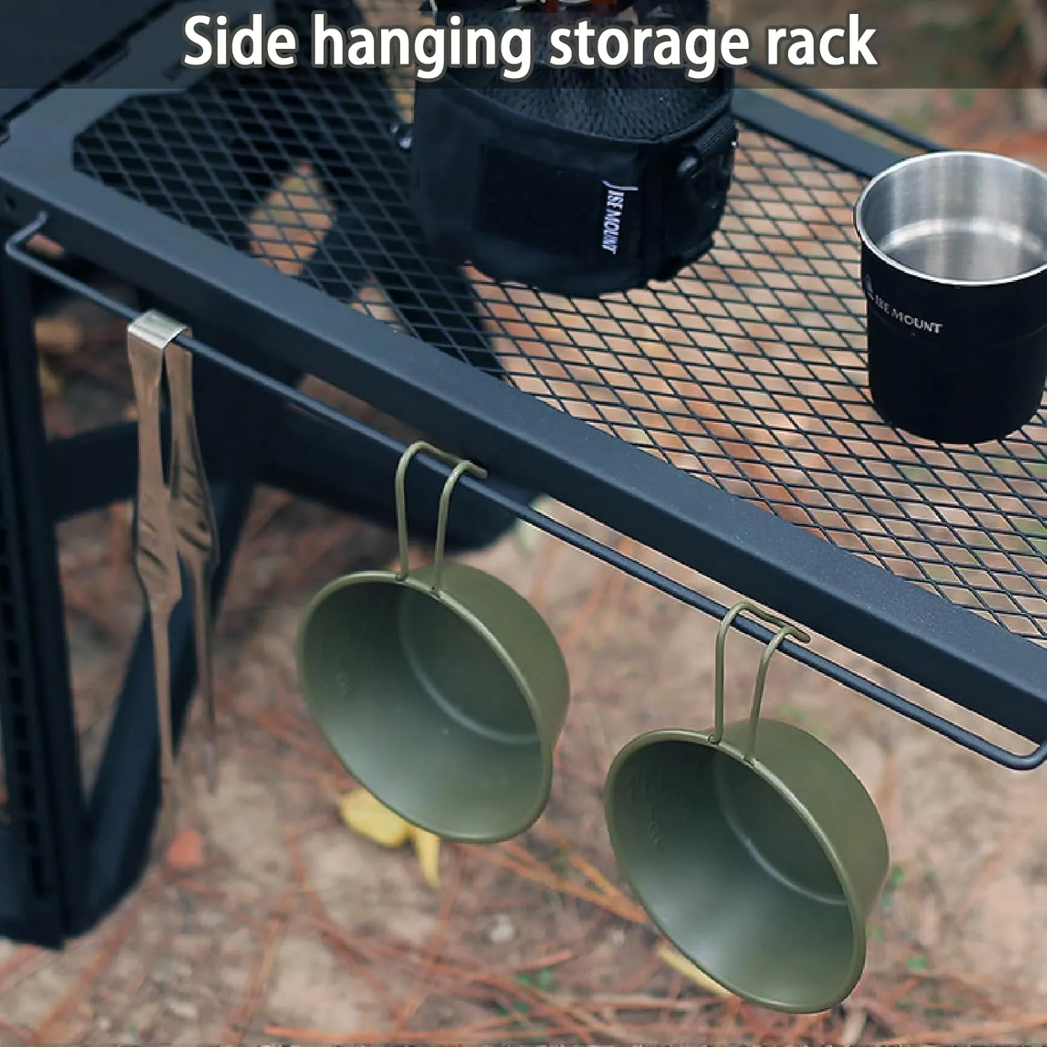 Outdoor Folding Stool, Multifunctional Folding Table Grid Table Stool Side Hanging Table Portable Iron Storage Rack for Camping Fishing BBQ(Army Green,Stool)