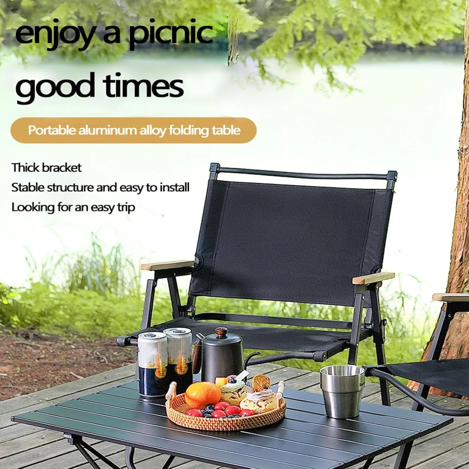 Outdoor Folding Table, Aluminum Alloy, Portable, Picnic Table and Chairs, Suitable for Outdoor Cooking, picnics and Camping, 26.7inx18.5inx15.7in, Black, 675756
