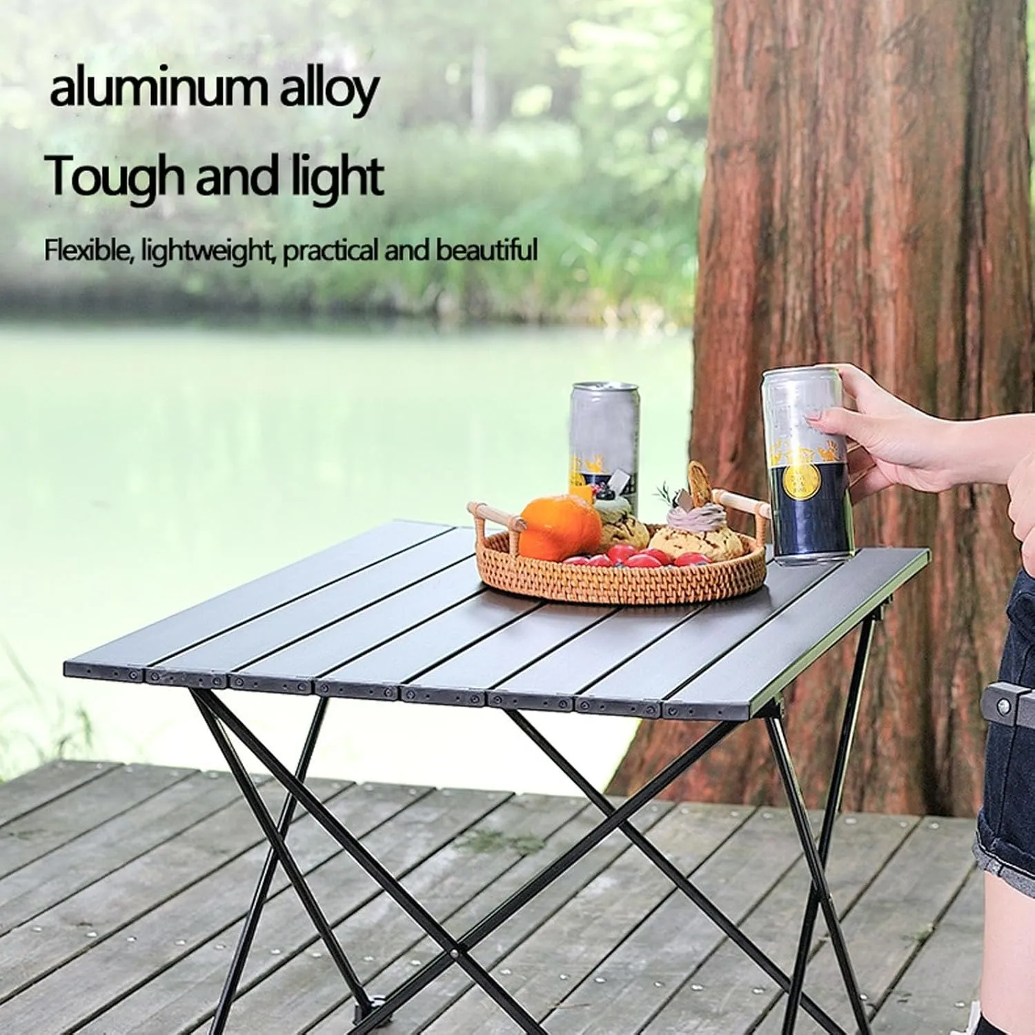 Outdoor Folding Table, Aluminum Alloy, Portable, Picnic Table and Chairs, Suitable for Outdoor Cooking, picnics and Camping, 26.7inx18.5inx15.7in, Black, 675756