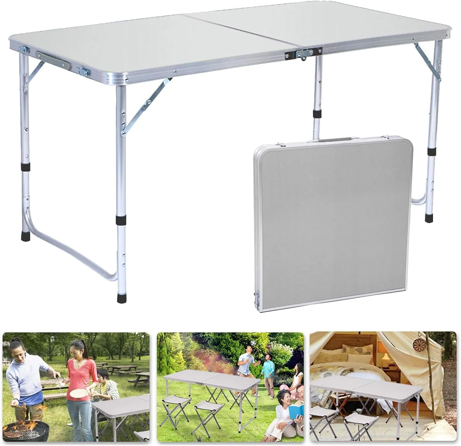 Outdoor Folding Table Heavy Duty Aluminum Alloy Height Adjustable Lightweight Camping Hiking Backpacking Picnic BBQ Portable Table for Picnic, Party, Camping White 1pc