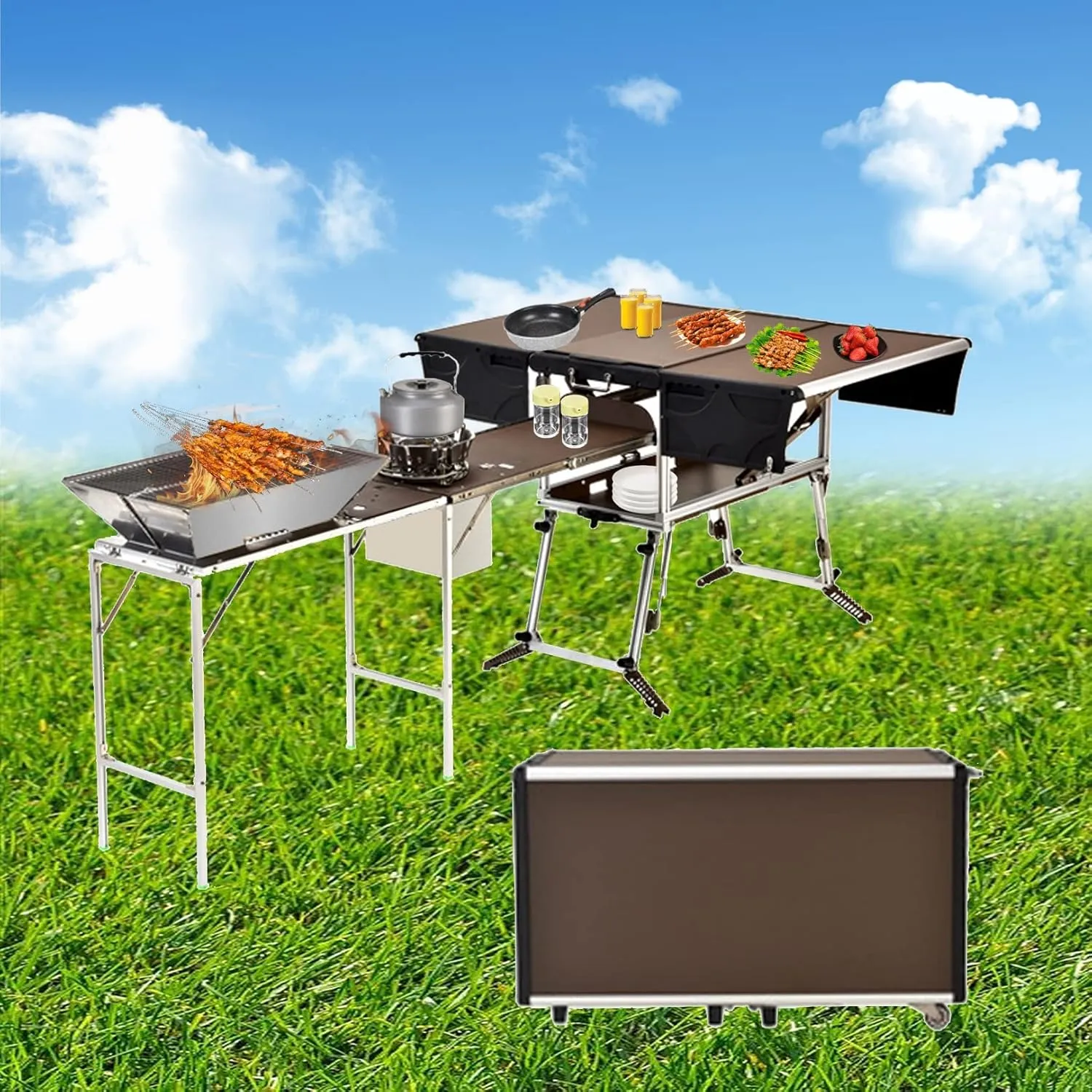 Outdoor Master Cook Station Aluminum Camping Table,Easy Carry Picnic Folding Table with kitchenware and Stove for RV BBQ Cooking Outdoor (Color : Package 3)