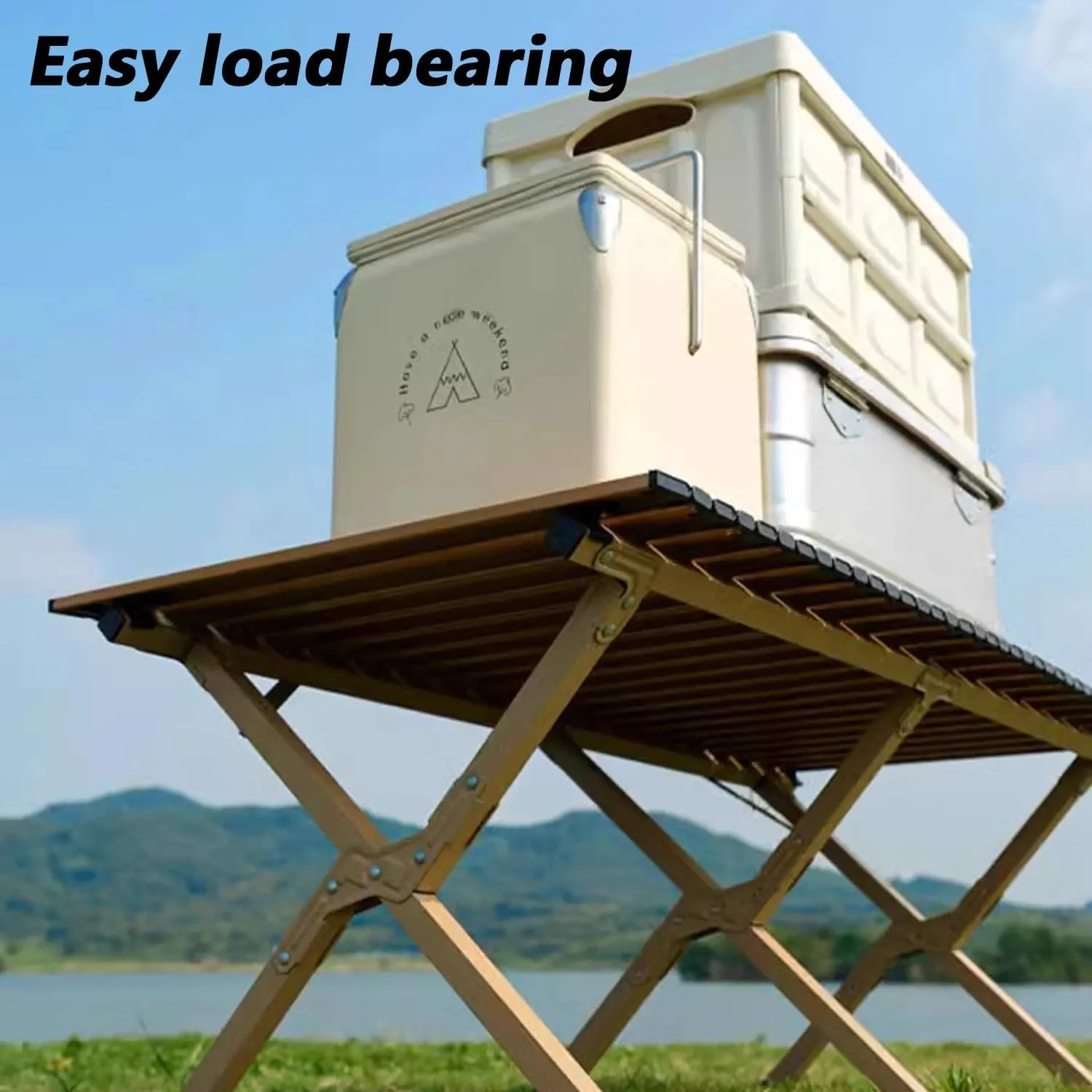Outdoor Picnic Camping Table BBQ Grill Barbecue Table Folding Removable Quick Installation Lightweight with Storage Carrying Bag for Picnics, BBQ, RV Traveling(Beige,90cm/35in)
