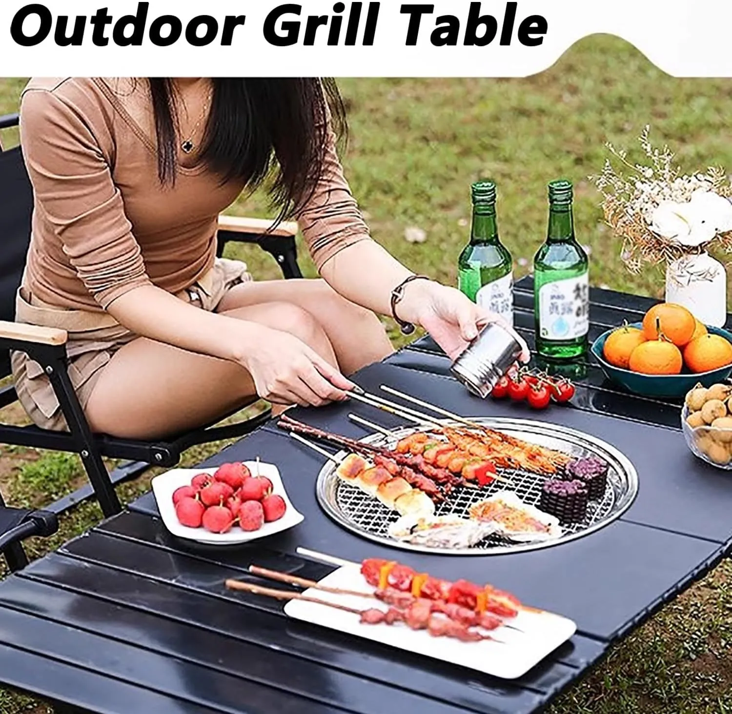 Outdoor Picnic Camping Table BBQ Grill Barbecue Table Folding Removable Quick Installation Lightweight with Storage Carrying Bag for Picnics, BBQ, RV Traveling(Black,90cm/35in)