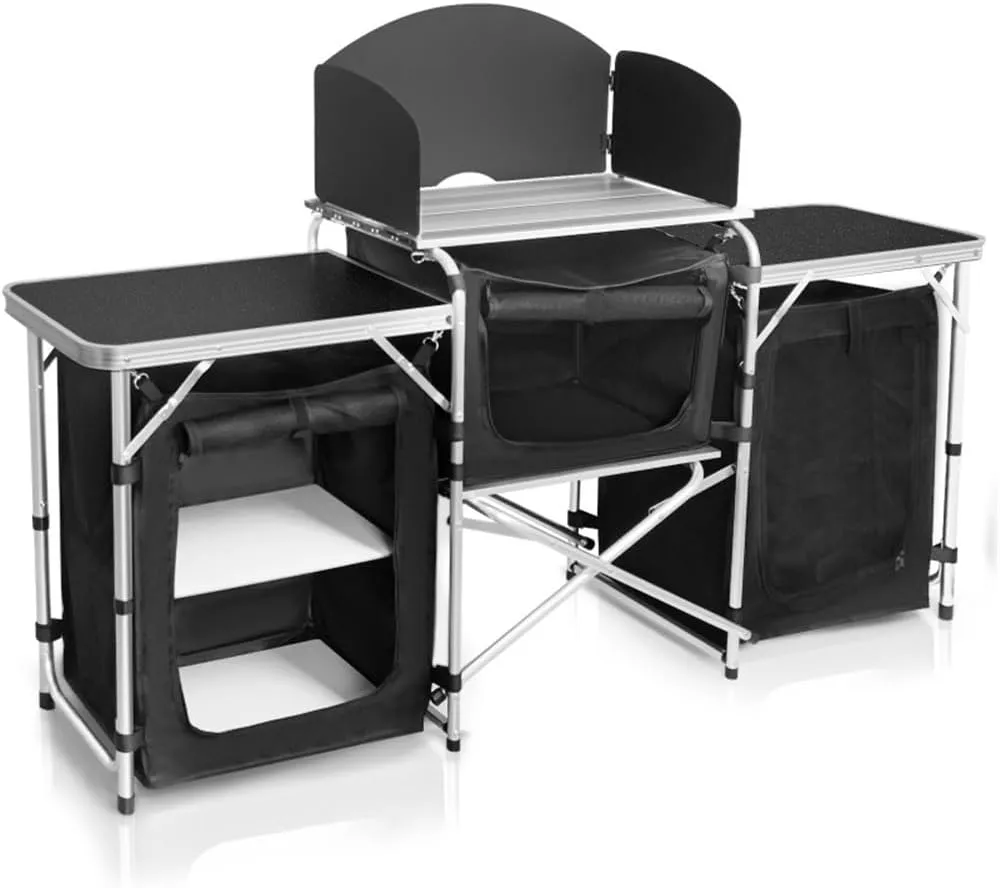 Outdoor Portable Cook Station, Folding Cooking Table with Wind Deflector, Aluminum Camping Kitchen with Storage, Camping Table for Outdoor, Beach, Picnic, Cooking