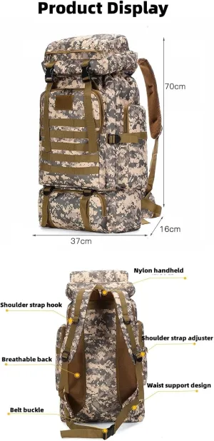 Outdoor Sports Hiking Backpack 80L Large Capacity Waterproof Camouflage Mountaineering Bag Casual Tactical Backpack (Desert camouflage)
