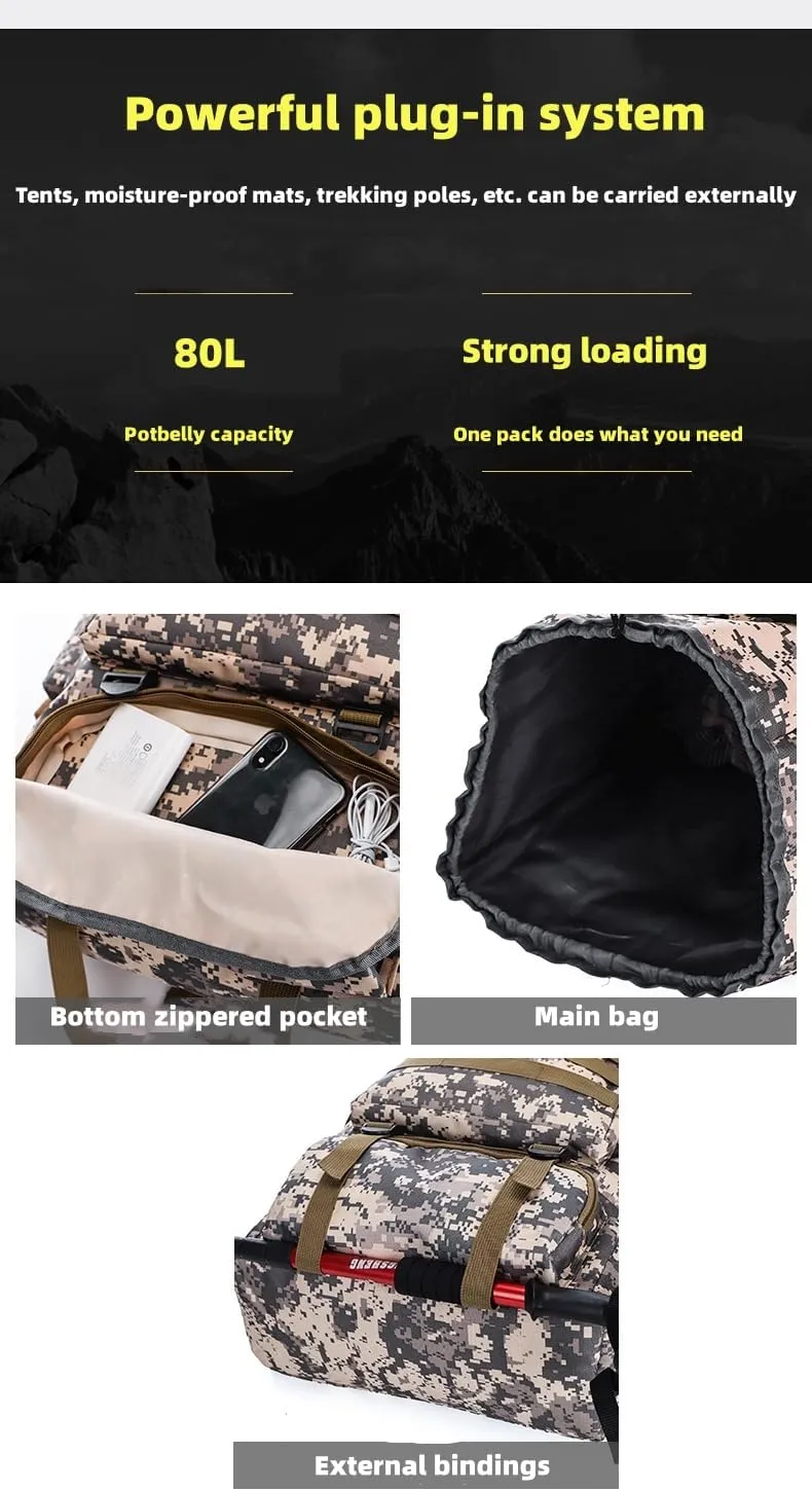 Outdoor Sports Hiking Backpack 80L Large Capacity Waterproof Camouflage Mountaineering Bag Casual Tactical Backpack (Desert camouflage)