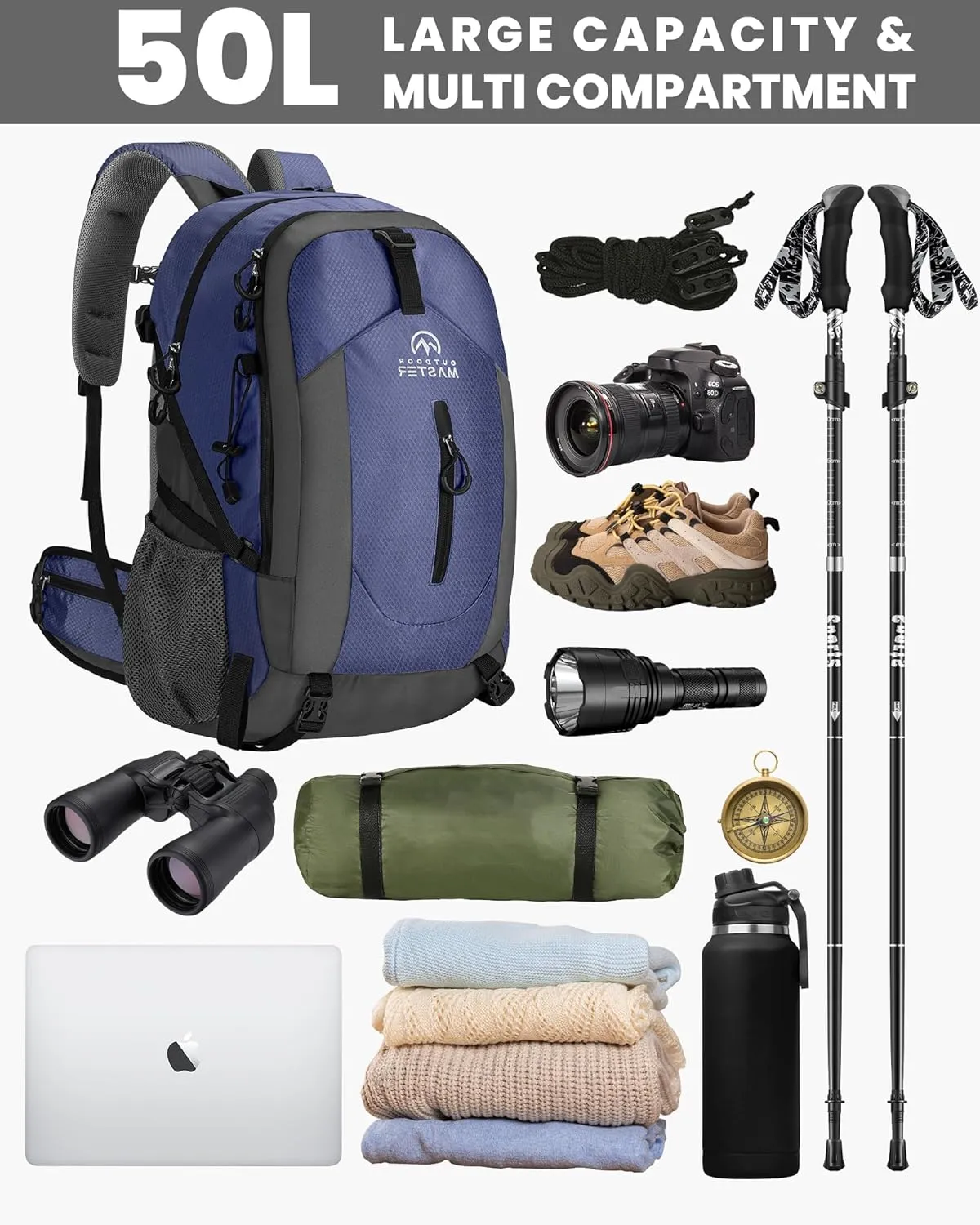 OutdoorMaster 50L Hiking Backpack with High Strength Aluminum Support, Lightweight Travel Daypack with Rain Cover, Waterproof Camping Bag for Men Women -Blue