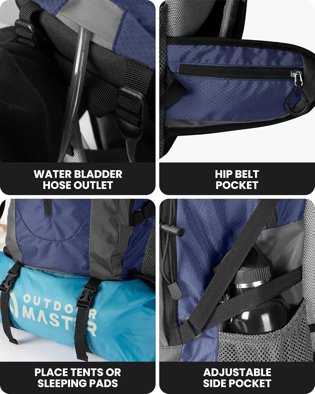 OutdoorMaster 50L Hiking Backpack with High Strength Aluminum Support, Lightweight Travel Daypack with Rain Cover, Waterproof Camping Bag for Men Women -Blue