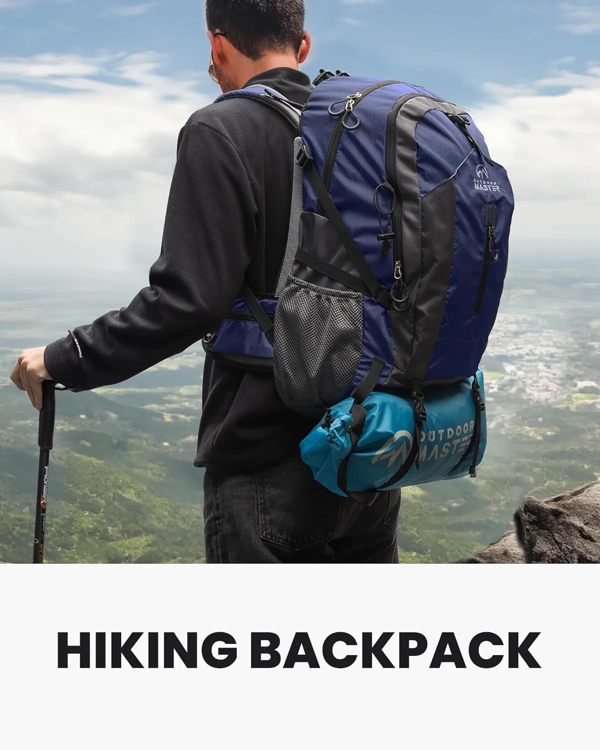 OutdoorMaster 50L Hiking Backpack with High Strength Aluminum Support, Lightweight Travel Daypack with Rain Cover, Waterproof Camping Bag for Men Women -Blue