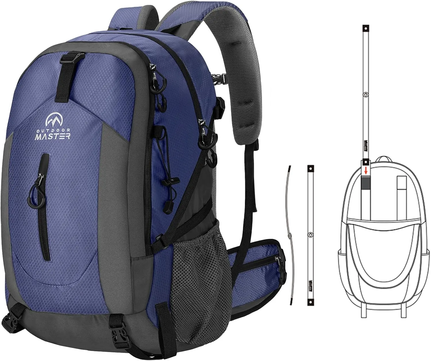 OutdoorMaster 50L Hiking Backpack with High Strength Aluminum Support, Lightweight Travel Daypack with Rain Cover, Waterproof Camping Bag for Men Women -Blue