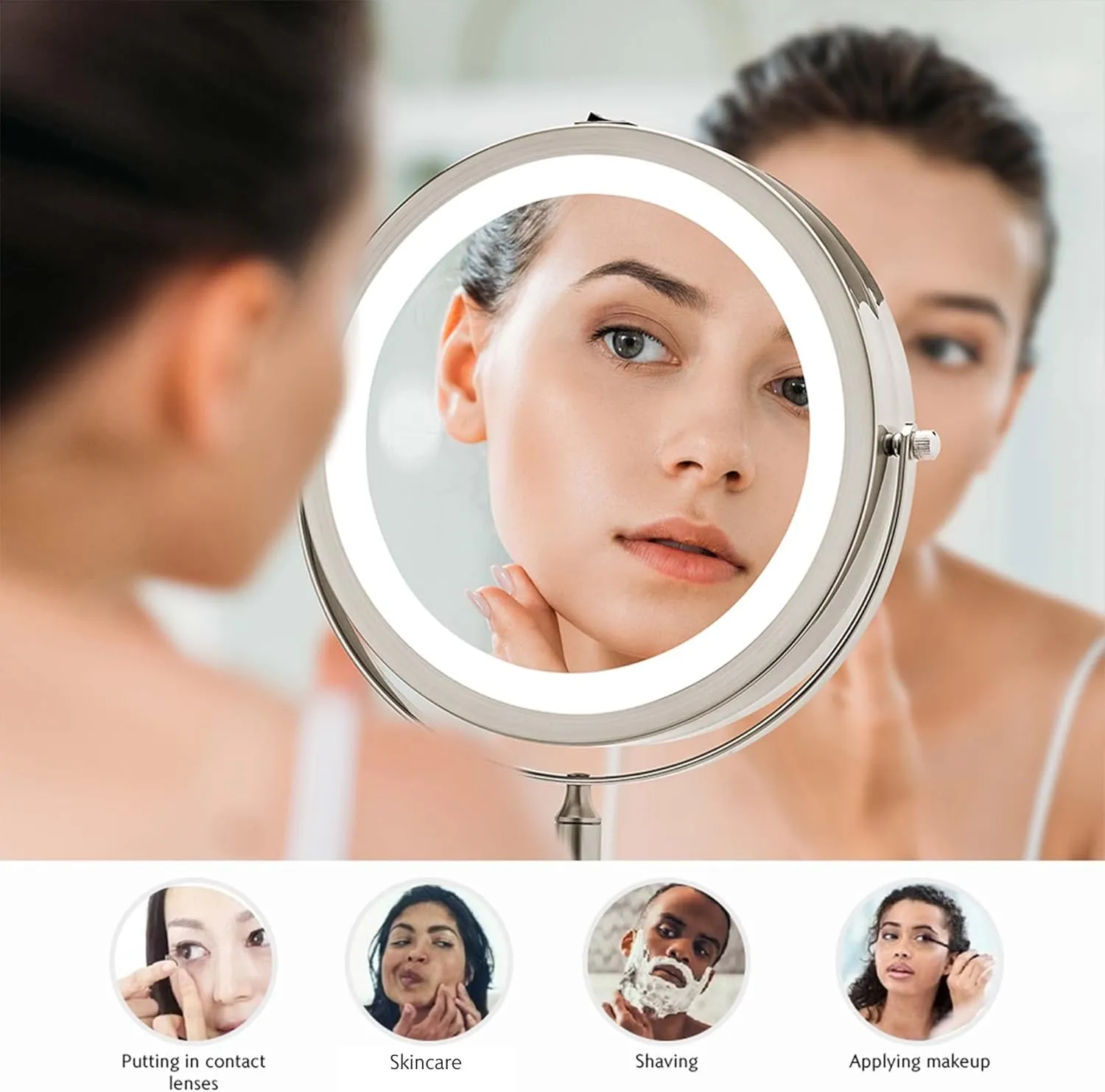 OVENTE 9" Lighted Wall Mount Makeup Mirror with 1X/7X Magnification, Cordless Double Sided Magnifying Round Vanity Mirror, 360° Swivel Design, Extendable and Folding Arm, Nickel Brushed MFW85BR1X7X