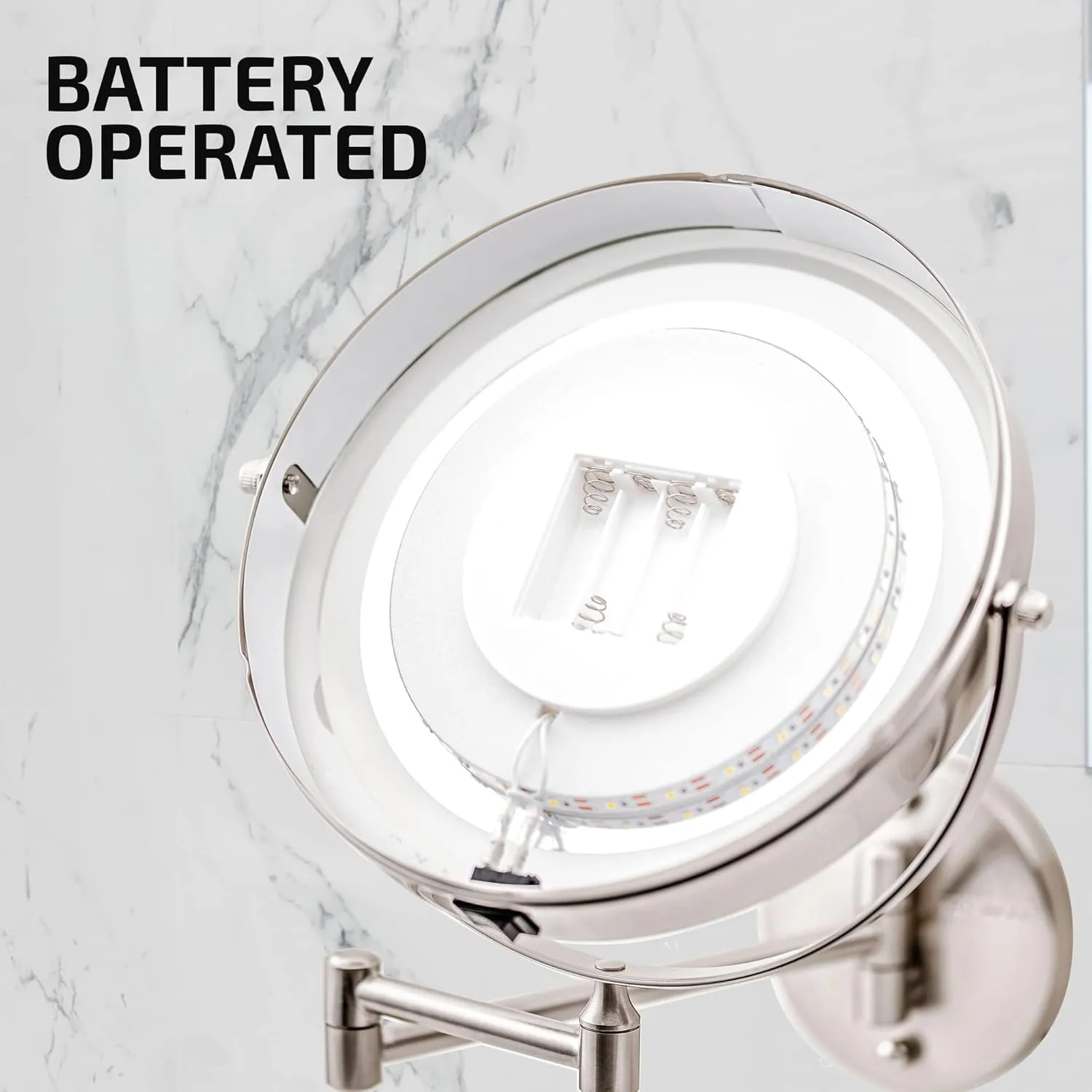 OVENTE 9" Lighted Wall Mount Makeup Mirror with 1X/7X Magnification, Cordless Double Sided Magnifying Round Vanity Mirror, 360° Swivel Design, Extendable and Folding Arm, Nickel Brushed MFW85BR1X7X