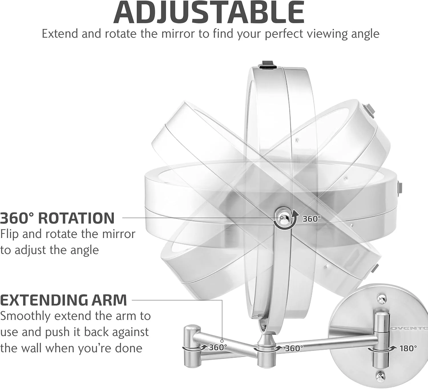 OVENTE 9" Lighted Wall Mount Makeup Mirror with 1X/7X Magnification, Cordless Double Sided Magnifying Round Vanity Mirror, 360° Swivel Design, Extendable and Folding Arm, Nickel Brushed MFW85BR1X7X