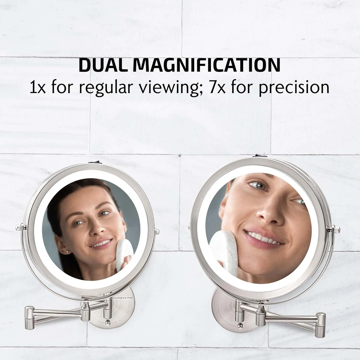 OVENTE 9" Lighted Wall Mount Makeup Mirror with 1X/7X Magnification, Cordless Double Sided Magnifying Round Vanity Mirror, 360° Swivel Design, Extendable and Folding Arm, Nickel Brushed MFW85BR1X7X