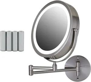 OVENTE 9" Lighted Wall Mount Makeup Mirror with 1X/7X Magnification, Cordless Double Sided Magnifying Round Vanity Mirror, 360° Swivel Design, Extendable and Folding Arm, Nickel Brushed MFW85BR1X7X